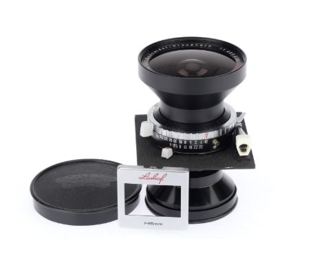 A Schneider-Kreuznach Technika Super-Angulon f/4 53mm Lens, black, barrel VG, serial number 11 689875, optics F-G, light haze