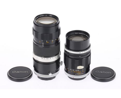 A Pair of Canon FL Camera Lenses, comprising a f/2.5 135mm, black, serial number 71038, barrel G, optics F-G with light dust,