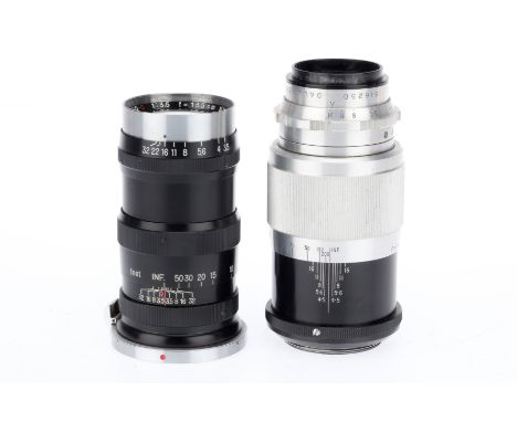 A Pair of Camera Lenses, comprising a Dallmeyer Dalrac f/4.5 13.5cm, serial number 516250,chrome, body G, optics G with light