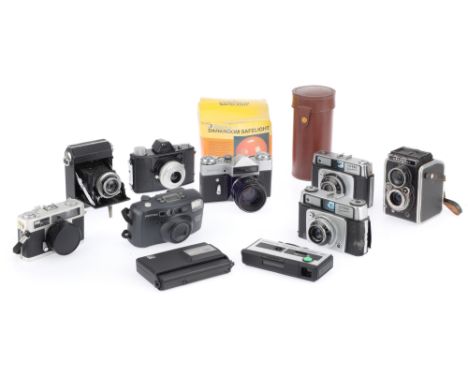 A Collection of Various Types of Film Camera including a Minolta 6x4.5cm folding camera, a Pentax Espio 140 35mm camera, an A