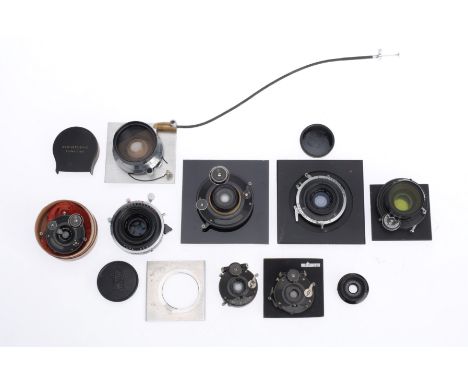 A Selection of Large Format Camera Lenses, to include a Wray wide angle f/6.3 89mm, black, barrel G, optics G with light haze