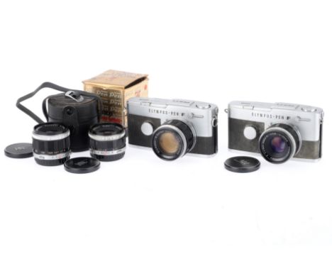 A Pair of Olympus Pen-FT Film Camera Outfits, to include serial number 164520, shutter working, body G, with a Zuiko Auto-S f