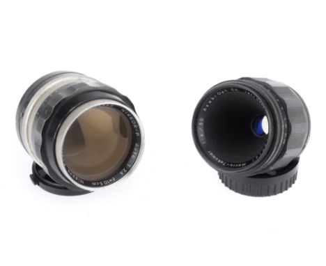 A Pair of 35mm Camera Lenses, comprising a f/4 50mm Macro-Takumar, black, serial number 787141, barrel G, optics F-G with dus