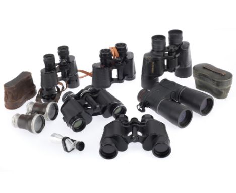 A Selection of Binoculars, to include a Hartmann-Optik Wetzlar 117 7x35, body F-G, optics hazy, a Bushnell 10x42, body G, opt