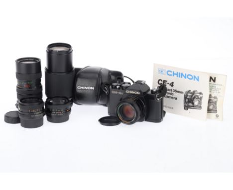 A Chinon CM-4s 35mm SLR Camera and Lenses black, with an Auto Chinon Multi-Coated f/1.7 50mm lens, shutter working, eyepiece 
