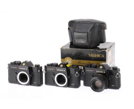 A Group of Yashica TL Electro ITS 35mm Camera Bodies to include three bodies with various shutter issues. Bodies G. One comes