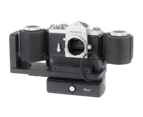 A Nikon F 35mm Converted Camera, the camera body is a silver top Nikon F, serial number 6549332, body F, missing frame counte