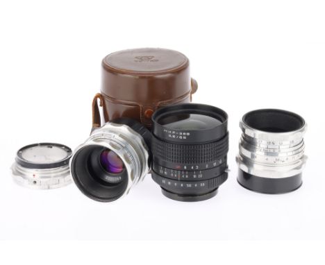A Trio of Russian Lenses, to include a Kiev Mir-38B f/5.6 65mm, black, barrel F-G, aperture ring slightly loose, optics F-G w