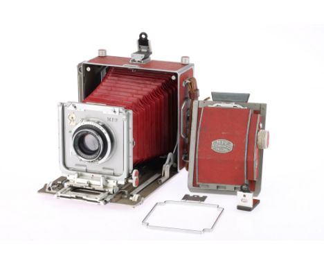 An MPP VII Micro Technical 5x4" Camera, red / chrome, body G, small area of lifted leatherette on base, bellows extend and lo