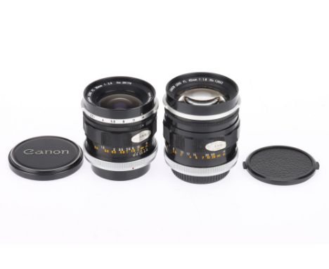 A Pair of Canon FL Camera Lenses, comprising a f/1.8 85mm, black, serial number 12853, barrel G, optics F-G with light dust a