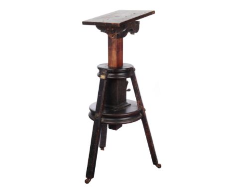 Large Victorian Studio Camera Tripod, English, c.1880, unsigned constructed of black lacquered wood, with geared height adjus