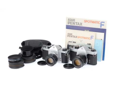 A Pentax Spotmatic SP500 and Pentax S1, comprising a SP500, silver, serial number 3230855, body G, light usage marks to botto