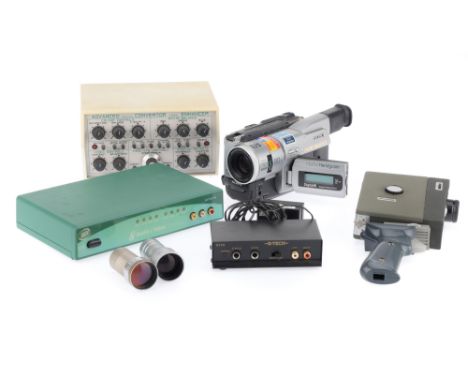END LOT: A Mixed Selection of Devices, to include a Sony DCR-TRV110E Video Camera Recorder, unit powers on when a charged bat