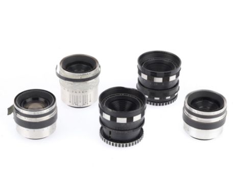 A Group of Corfield Camera Lenses, comprising a Lumax f/3.5 45mm, barrel F, optics P-F, a Lumax f/1.9 45mm, barrel P, optics 