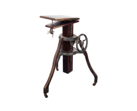Large Victorian Studio Tripod, English, c.1880, unsigned, cast iron frame with shaped wooden legs, adjustable top, geared hig