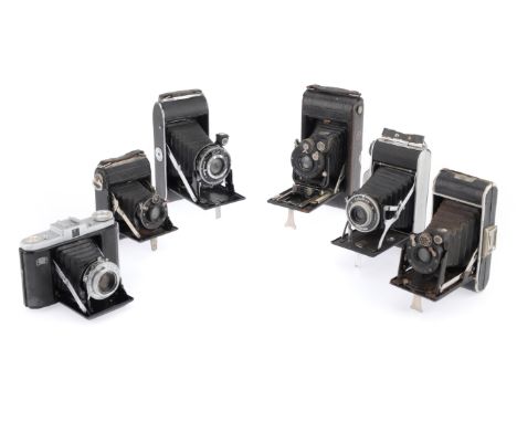 Six Medium Format Folding Cameras comprising a Zeiss Ikon Ikonta (520), with a Novar-Anastigmat f/4.5 7.5cm (75mm) lens, a Ze