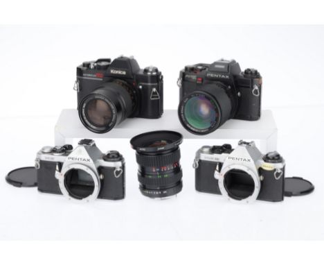 A Group of Pentax SLR Cameras. comprising a Pentax ME Super, body G, mirror locked up, with a f/4-4.5 18-28mm zoom lens, barr