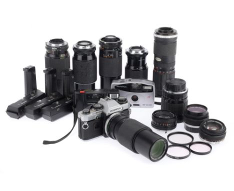 A Tray of Various Cameras and Lenses comprising an Olympus OM10 SLR camera with an OM-System S Zuiko Auto-Zoom f/5 100-200mm,