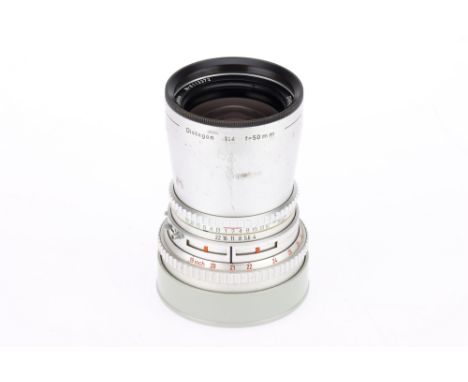 A Carl Zeiss Distagon f/4 50mm Medium Format Camera Lens, silver, serial number 6113372, Hasselblad mount, body F-G with usag