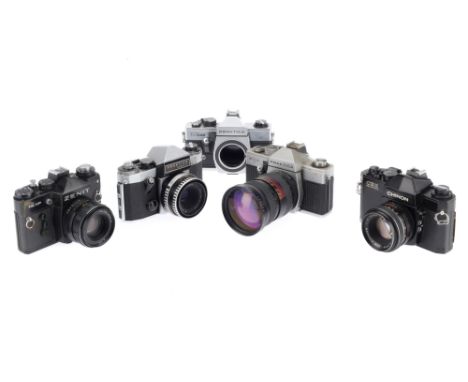 Five 35mm SLR Cameras comprising a Praktica Super TL camera with a Carl Zeiss Tessar f/2.8 50mm lens, shutter working, a Prak