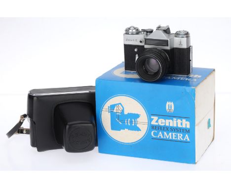 A Zenit-E 35mm SLR Camera, silver, serial number 78306528, body VG, shutter works, a very clean example, appears lightly used