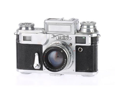 A Kiev IIIa Rangefinder Camera, silver, serial number 5829750, body G, shutter not working, with Jupiter-8M f/2 5cm lens, bar