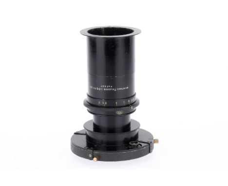 A Ross Teleros f/5.5 12 Inch Lens black, serial number 187880, barrel G, optics G with light haze, screw mount, with hood, an