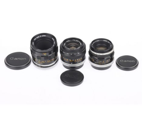 A Trio of Canon FL Camera Lenses, comprising a Macro f/3.5 50mm, serial number 20456, barrel G, optics F with light dust and 