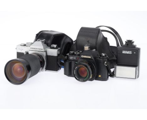 A Praktica PLC3 and a Chinon CP-X Program 35mm SLR Cameras comprising a Praktica PLC3 camera with a Sirius MC Auto Zoom f/4-5