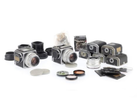 A Selection of Modified Hasselblad Camera Components, to include two 500C bodies which appear to be modified to take panorami