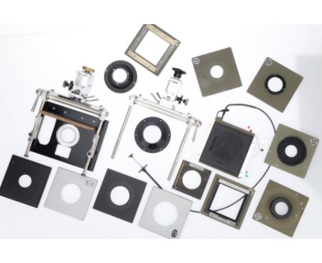 A Quantity of Large Format Camera Components, to include a modified front and rear standard for a MPP monorail camera, a quan