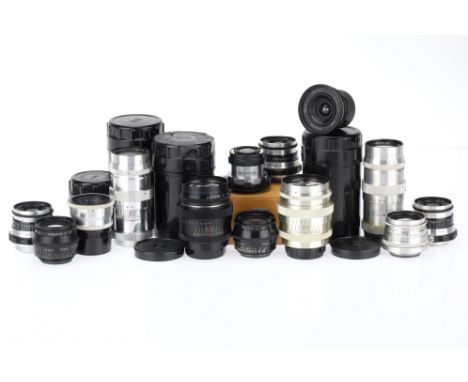 A Selection of Krasnogorsk Lenses, to include a Jupiter-11 f/4 135mm, silver, barrel VG, optics F-G, with caps and bubble, a 