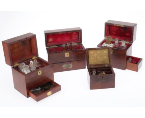A Collection of Small Apothecary Chemists Chests, including a small box with compartments for 6 bottles containing 4 with 2 b
