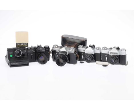 A Group of KMZ Zenit 35mm SLR Cameras comprising a pair of Zenit B cameras (one rebranded as a Prinzflex 500) mounted on a ba