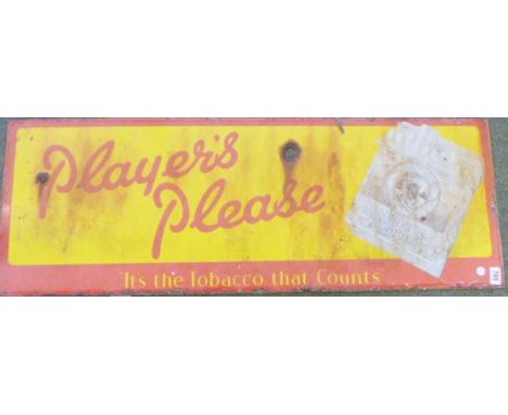 ENAMEL PLAYERS SIGN. Large antique metal and enamel Players Please advertising sign  40x115cm 
