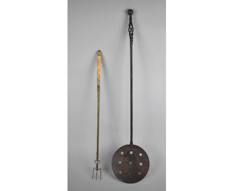 A 19th Century Iron Chestnut Roaster and a Bone Handled Toasting Fork 
