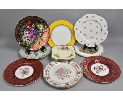 A Collection of Various Plates to comprise Shelley Yellow and Gilt Trim Plate, Spode Hunting Scene Cake Plate Etc 