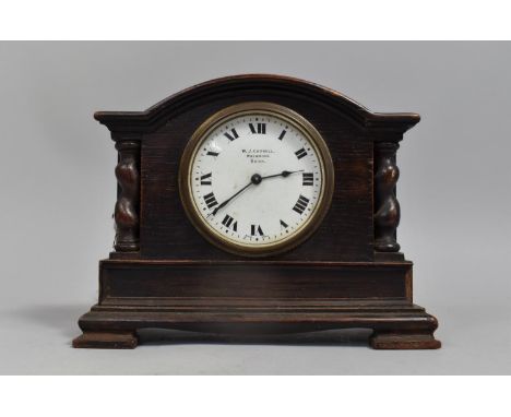 An Edwardian Oak Mantel Clock with Barley Twist Pilasters, Buren Movement, 21cms Wide, Missing Side Section 