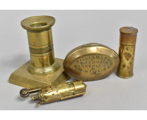 A Collection of Brass Trench Art to include Snuff Bottle, Lion Ornament, Candlestick, Cigarette Lighter and Shotgun Cartridge