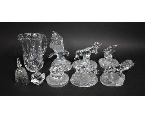 A Set of Six Royal Crystal Rock Glass Animal and Bird Paperweights, Eagle, Elephant, Lion, Stag and Dolphin together with a J