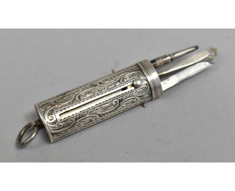 A Silver Cased Etui to include Pencil, Knife, Toothpick and Button Fastener, Perhaps for Chatelaine, 5.5cms Long 
