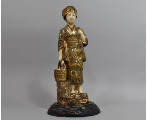 A Early/Mid 20th Century Japanese Satsuma Figure of Lady with Basket, Harved Wood Plinth Base Now Converted to Table Lamp (Mi
