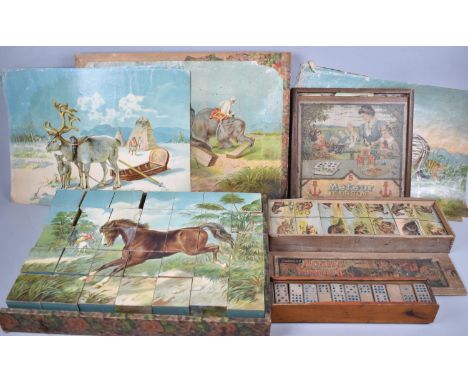 A Collection of Antique Toy Games to include Meteor, Noah's Dominoes, Building Block Set Etc 