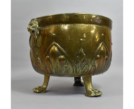 An Edwardian Circular Brass Coal Bucket on Three Claw Feet, Lion Mask Ring Handles, 32cms Diameter 