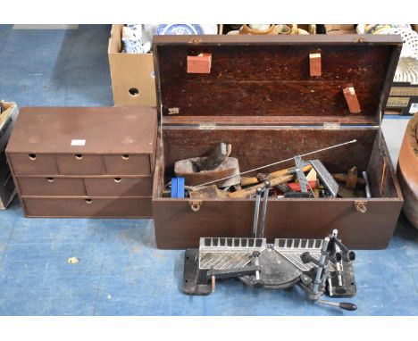 Two Vintage Wooden Toolboxes Containing Various Fixings, Hand Tools, Carpenters Tools Etc