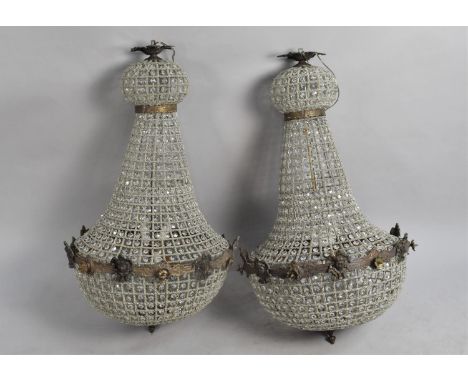 A Pair of Ornate French Style Large Ceiling Hanging Chandelier Light Fittings, Each 85cms High 