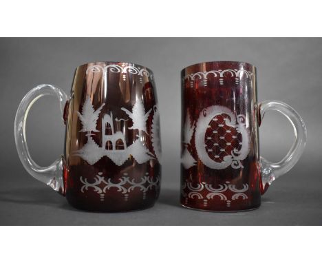 Two Bohemian Acid Etched Ruby Glass Tankards Decorated with Deer, House Etc 