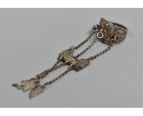 A Chinese Silver Kinetic Style Ring with Leaf and Fish Droppers, Unmarked but Tests for Silver 