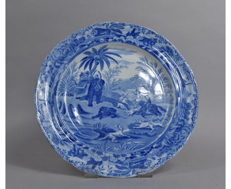 A Late 19th Century Spode Blue and White Transfer Printed Plate, Colonial Hunting Scene with Tigers, Bear, Hounds Etc, Impres