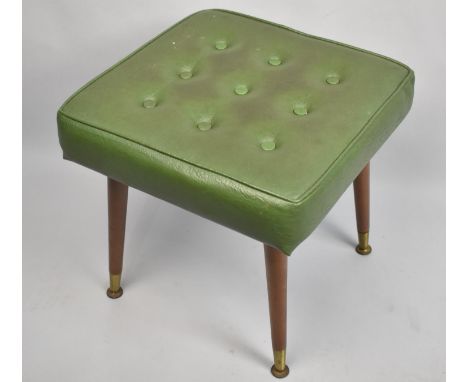 A 1970s Button Upholstered Leather Effect Footstool on Turned Tapering Supports, 41cms Square 